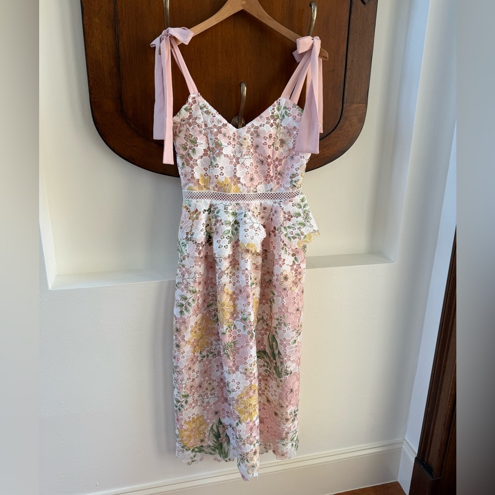 Red Dress Boutique Easter Spring Pink Floral Lace Peplum Tie-Shoulder Midi Dress